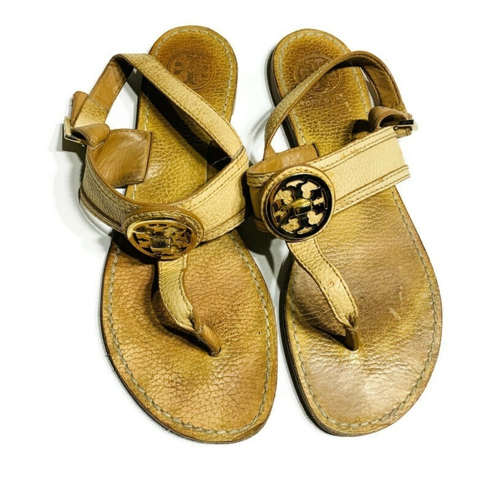 Tory Burch Tan Leather Logo Thong Sandals